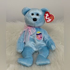 Ty(25)Eggs II Beanie Baby Sparkly Blue Bear with Pink Ribbon